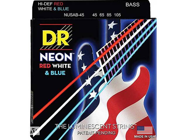 Струны для бас-гитары DR NUSAB-45 Hi-Def Neon Red White Blue K3 Coated Medium Bass Guitar 4 Strings 45/105
