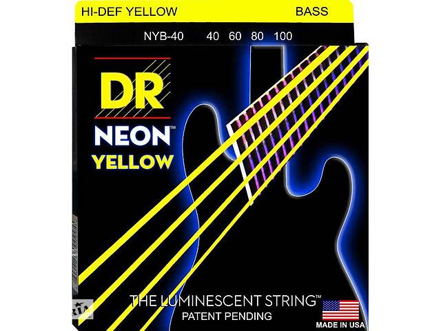 Струни для бас-гітари DR NYB-40 Hi-Def Neon Yellow K3 Coated Light Bass Guitar 4 Strings 40/100