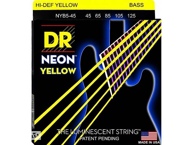 Струни для бас-гітари DR NYB5-45 Hi-Def Neon Yellow K3 Coated Medium Bass 5-Strings 45/125
