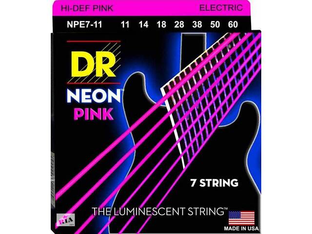 Струны для электрогитары DR NPE7-11 Hi-Def Neon Pink K3 Coated Heavy 7-String Electric Guitar 11/60
