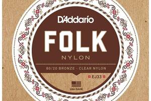 Струны для классической гитары D'Addario EJ33 Folk Nylon Ball End 80/20 Bronze/Clear Nylon Trebles