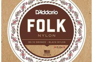 Струны для классической гитары D'Addario EJ34 Folk Nylon Ball End 80/20 Bronze/Black Nylon Trebles