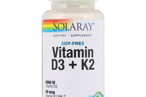 Витамин D3+K2, Soy-Free Vitamin D3 + K2, Solaray, 120 вегетарианских капсул