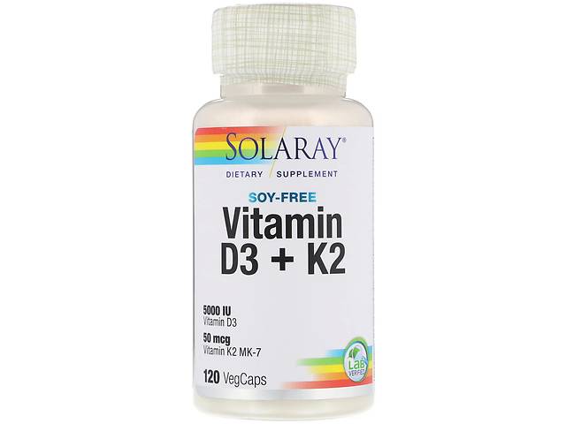 Витамин D3+K2, Soy-Free Vitamin D3 + K2, Solaray, 120 вегетарианских капсул