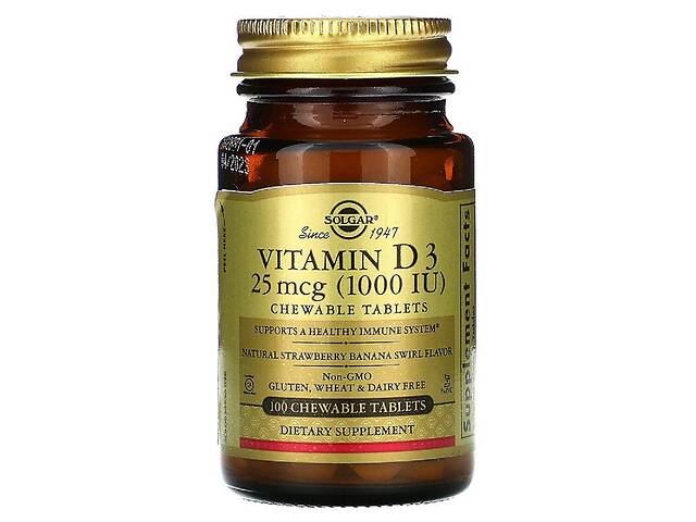 Витамин D3, Холекальциферол, Vitamin D3, Cholecalciferol, 25 мкг, 1000 МЕ, Solgar, 100 жевательных таблеток (клубнич...