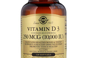 Витамин D3, Vitamin D3 (Cholecalciferol), Solgar, 250 мкг, 10,000 МЕ, 120 гелевых капсул