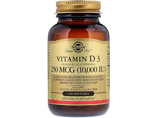 Витамин D3, Vitamin D3 (Cholecalciferol), Solgar, 250 мкг, 10,000 МЕ, 120 гелевых капсул