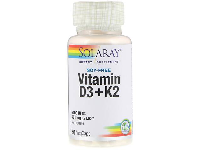 Витамин Д3 и К2, Solaray, без сои, 60 капсул (20007)
