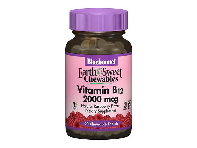 Витамин В12 2000мкг Bluebonnet Nutrition Earth Sweet Chewables Вкус Малины 90 жевательных таблеток