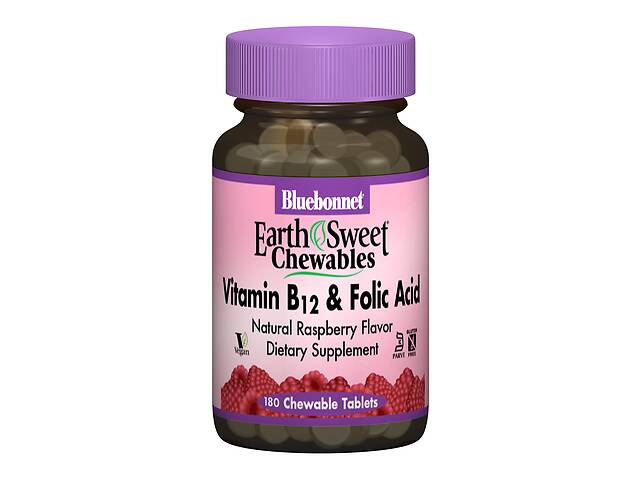 Витамин В12 и Фолиевая кислота Bluebonnet Nutrition Earth Sweet Chewables Вкус Малины 180 жевательных таблеток