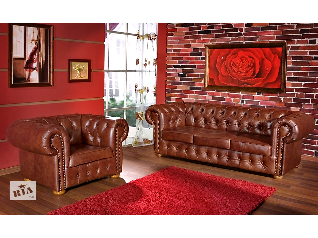 Шкіряний диван і крісло Chester 3+1 (Нові, Польща). Шкіряні меблі Честер, Честерфілд, комплект.