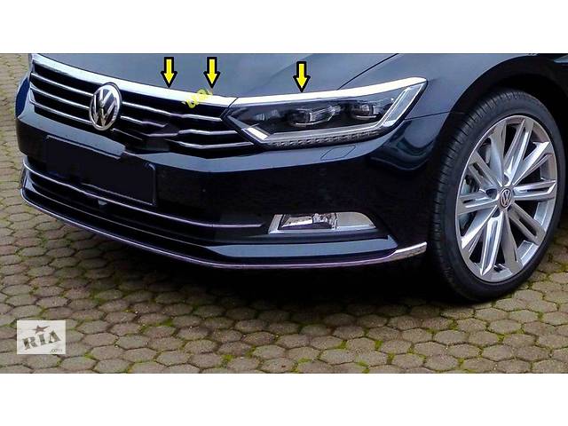 Накладка на фары и полоска (3 шт, нерж) OmsaLine - Итальянская нержавейка для Volkswagen Passat B8 2015↗ гг.