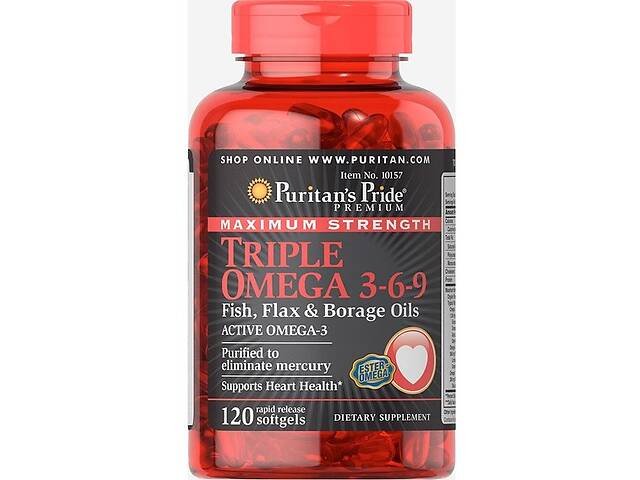 Льняное масло Puritan's Pride Maximum Strength Triple Omega 3-6-9 Fish, Flax & Borage Oils 120 Softgels