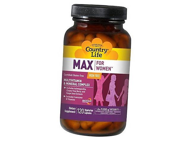 Мультивитамины для женщин без железа Max for Women Iron Free Country Life 120вегкапс (36124010)