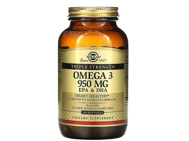 Omega-3 EPA DHA Solgar тройная сила 950 мг 100 гелевых капсул