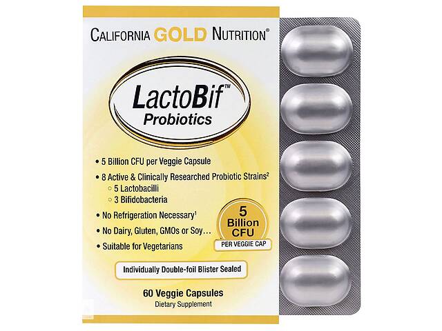 Пробиотики LactoBif, Probiotics, California Gold Nutrition, 5 млрд КОЕ, 60 овощных капсул