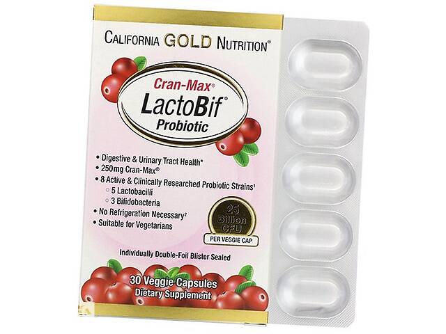 Пробиотики с Клюквенным концентратом LactoBif Probiotics Cran-Max 25 Billion California Gold Nutrition 30вегкапс (694...