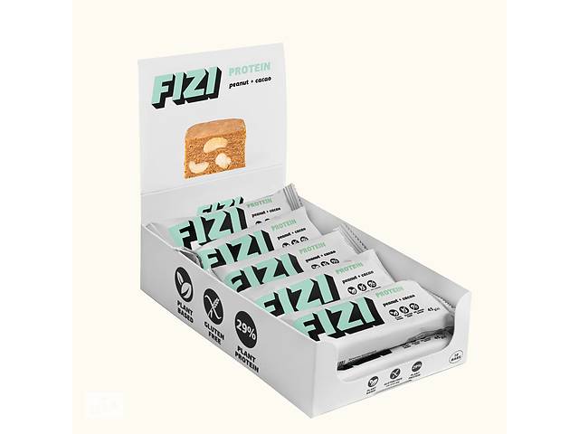 Протеиновый батончик без глютена FIZI Peanut cacao 29% 45 г х 10 шт Растительный протеин (4820262540054)