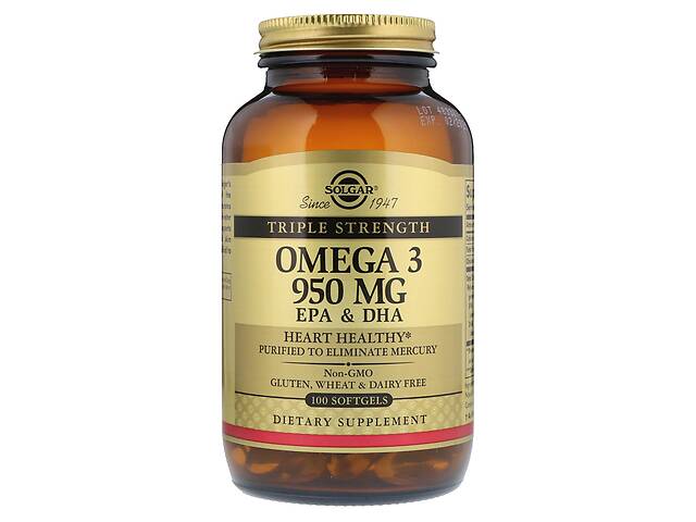 Рыбий Жир, Омега 3 (Omega-3 EPA, DHA), 950 мг, Тройная Сила, Solgar, 100 желатиновых капсул