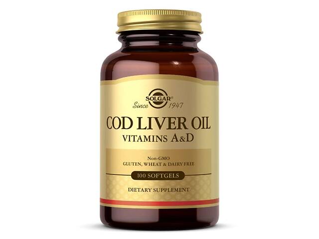 Витамин А и Д из масла печени трески Cod Liver Oil Vitamins A&D Solgar 100 гелеввых капсул