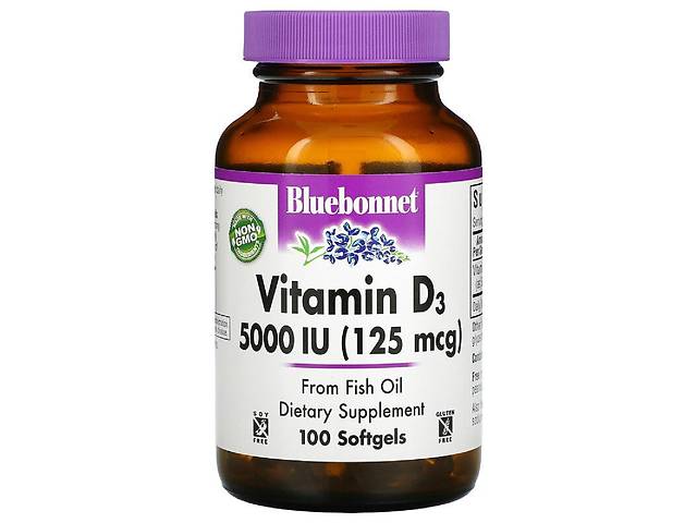 Витамин D3 5000IU (125 мкг) Vitamin D3 Bluebonnet Nutrition 100 желатиновых капсул