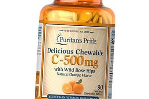 Витамин С жевательный Vitamin C 500 with Rose Hips Puritan's Pride 90вегтаб Апельсин (36367197)