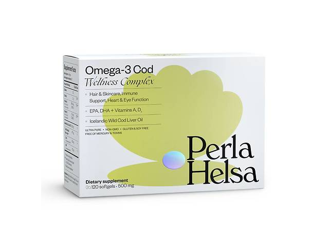Жирні кислоти PERLA HELSA Натуральна Омега-3 з печінки тріски дикого вилову з вітамінами А та D3 120 капсул по 500 мг.