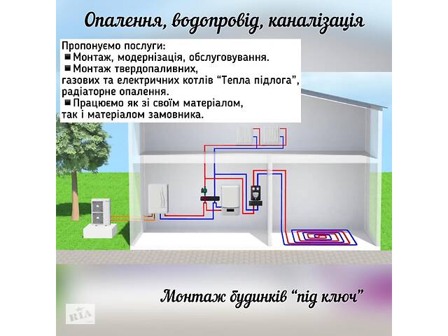 Послуги опалення, водопровід, каналізація.Різні види робіт. Працюємо як зі своїм матеріалом,так і матеріалом замовника