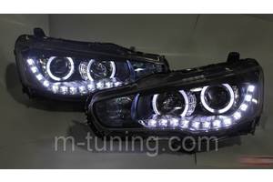 Передние фары Mitsubishi Lancer X тюнинг Led оптика (линза под ксенон)