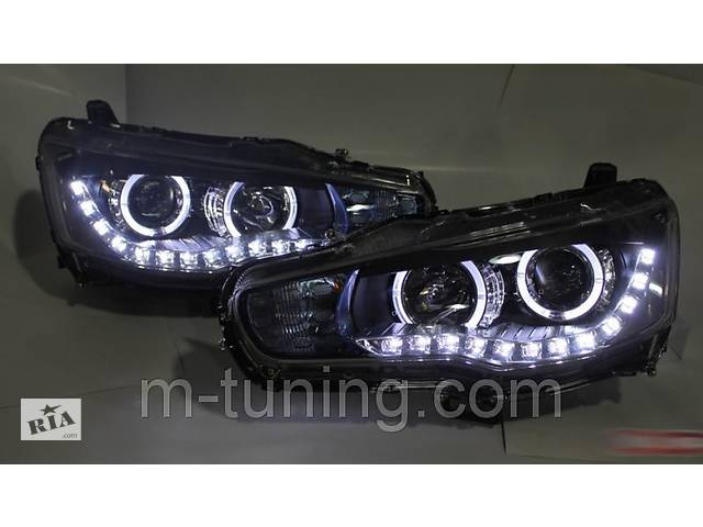 Передние фары Mitsubishi Lancer X тюнинг Led оптика (линза под ксенон)