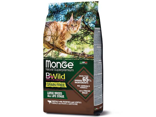 Беззерновой сухой корм для взрослых кошек крупных пород с 2-х месяцев MONGE BWILD CAT с буйволом 1,5 кг