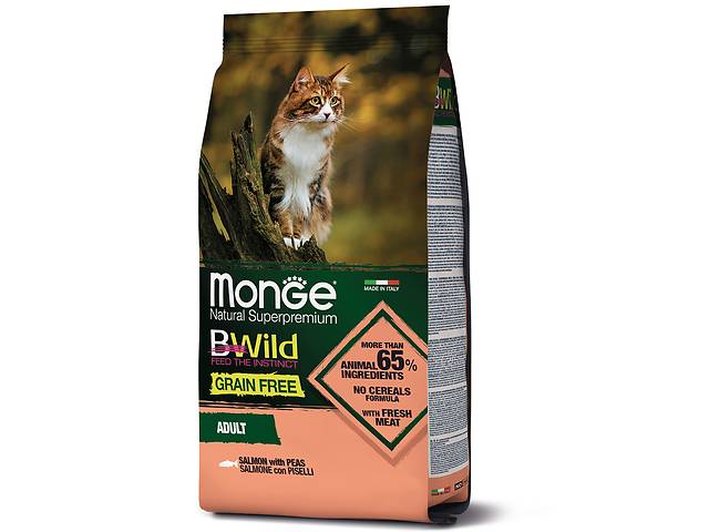 Беззерновой сухой корм для взрослых кошек MONGE BWILD CAT с лососем 1,5 кг