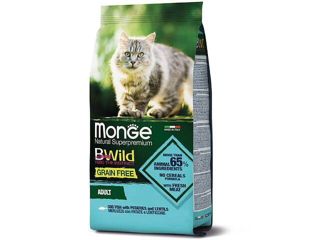 Беззерновой сухой корм для взрослых кошек MONGE BWILD CAT с треской 1,5 кг