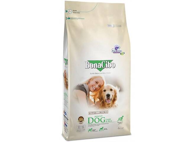 BonaCibo Adult Dog Lamb Rice (Бонасибо Эдалт Дог Ягненок Рис) сухой корм для собак всех пород 4 кг.
