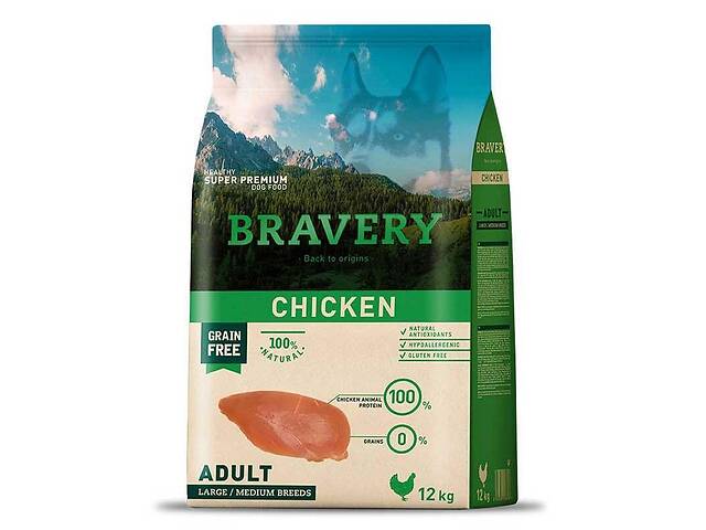 Bravery Chicken Adult Large / Medium (Бравери Лардж Курица) беззерновой корм для собак средних и больших пород 12 кг