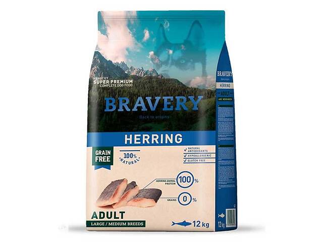 Bravery Herring Adult Large / Medium (Бравери Лардж Сельдь) беззерновой корм для собак средних и больших пород 4 кг.