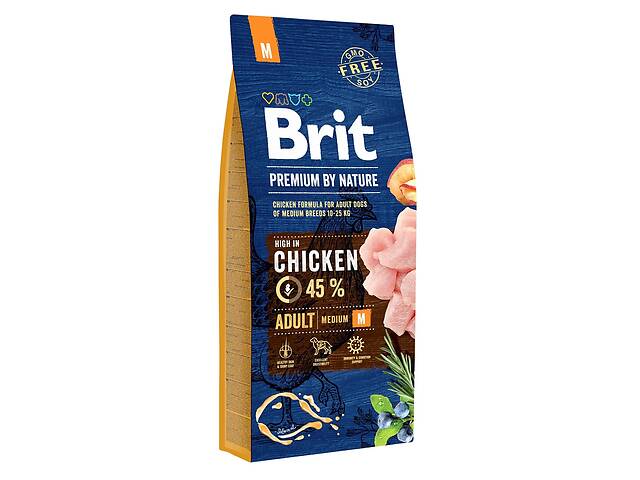 Brit Premium by Nature Adult М (Брит Премиум Нечурал Эдалт М) сухой корм с курицей для средних собак 10-25 кг.