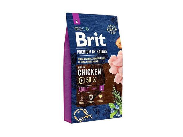 Brit Premium by Nature Adult S (Брит Премиум Нечурал Эдалт С) сухой корм с курицей для мелких собак до 10 кг. 8 кг.