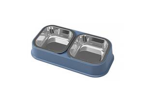 Двойная миска для собак котов Lesko DT712 big Blue пластик + нержавеющая сталь