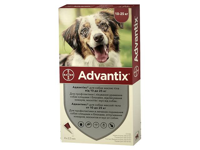 Капли Bayer Адвантикс от заражений экто паразитами для собак 10-25 кг 4 пипетки (4007221037293/4007221047247)