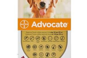 Капли на холку для собак 10-25 кг от блох, клещей, вшей, гельминтов Advocate Bayer Animal (Адвокат) 3х2.5 мл