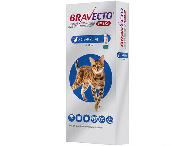 Капли от блох клещей и глистов Bravecto Plus для котов весом от 2.8 до 6.25 кг