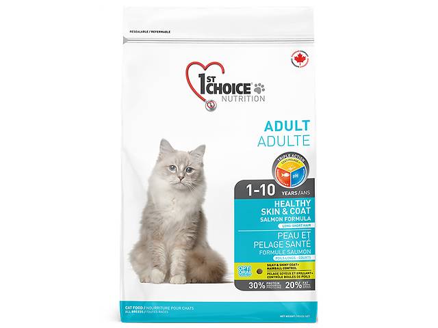 Корм 1st Choice Cat Adult Healthy Skin Coat сухой с лососем для здоровья шерсти и кожи у взрослых котов 5.44 кг