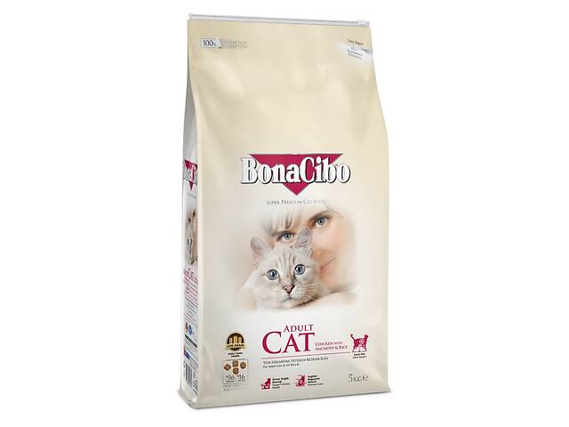Корм BonaCibo Cat Adult Chicken Rice with Anchovy сухой с курицей для взрослых котов 5 кг