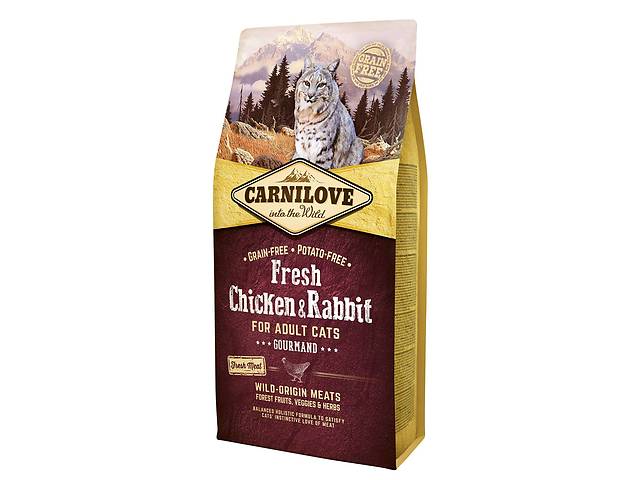 Корм Carnilove Cat Fresh Chicken Rabbit Gourmand сухой полнорационный беззерновой с курицей и кроликом для кошек 6 кг
