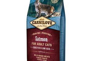 Корм Carnilove Cat Salmon Sensitive Long-Hair сухой полнорационный беззерновой с лососем для длинношерстных кошек с ч...