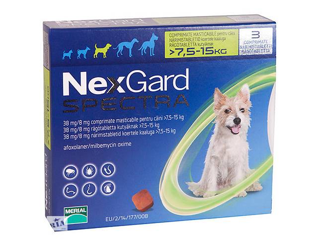 NexGard Spectra М (Нексгард Спектра М) таблетки от клещей, блох и гельминтов для собак весом от 7.5 до 15 кг