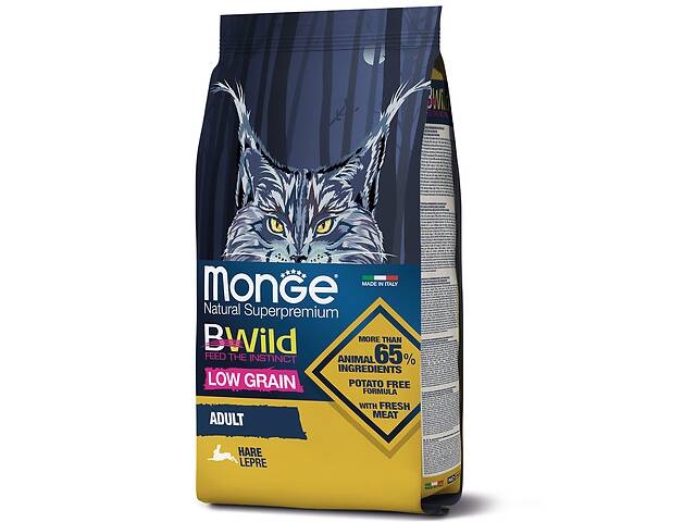 Низкозерновой сухой корм для взрослых кошек MONGE BWILD CAT LOW GRAIN с мясом зайца 1,5 кг