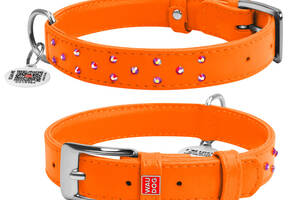 Ошейник для собак кожаный WAUDOG Glamour с клеевыми стразами Ш 25 мм Дл 38-49 см Оранжевый