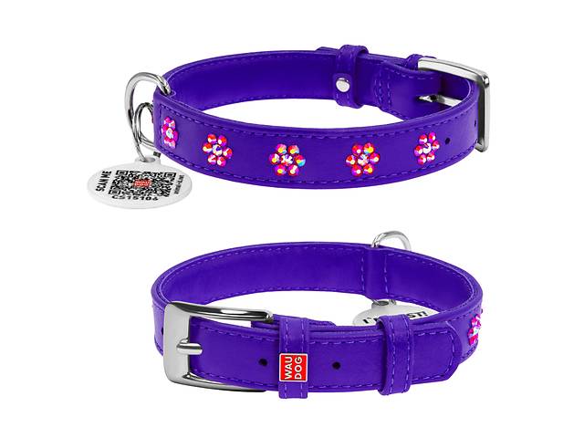 Ошейник для собак кожаный WAUDOG Glamour с клеевыми стразами Цветочек Ш 20 мм Дл 30-39 см Фиолетовый